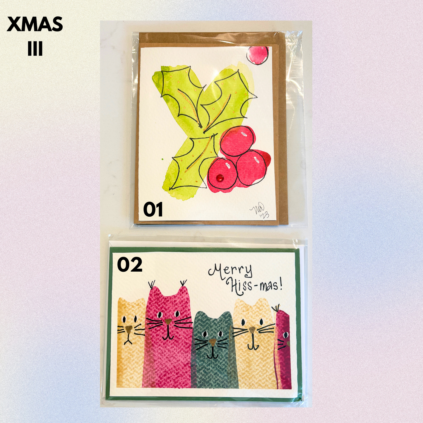 Christmas Set 3 Hand-Painted Greeting Cards