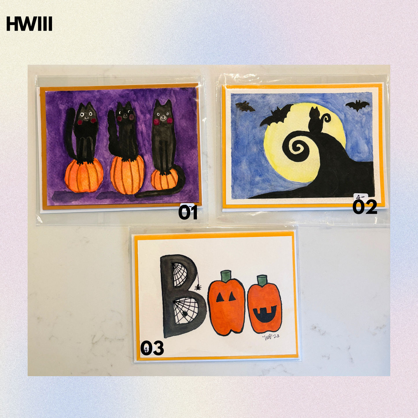 Halloween Set 3 Hand-Painted Greeting Cards