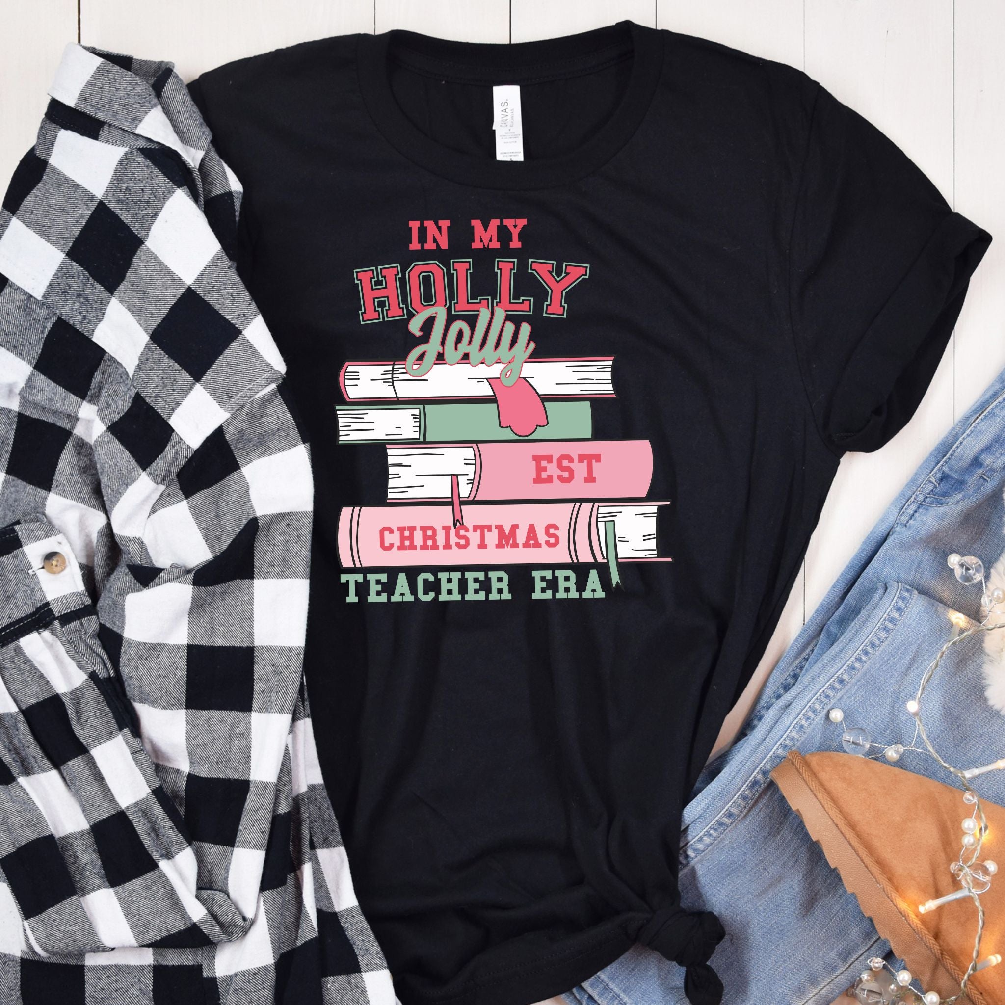 Holly Jolly EST Christmas Teacher Era Tee