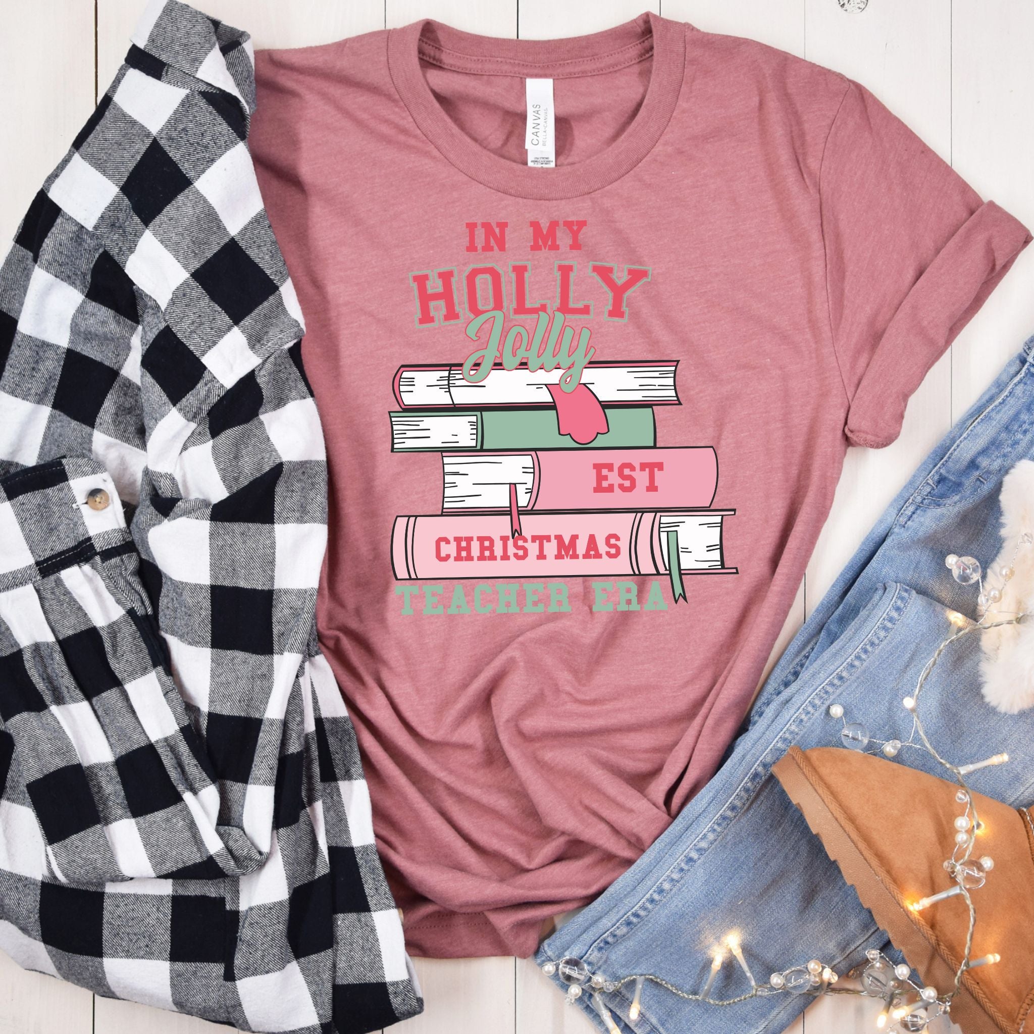 Holly Jolly EST Christmas Teacher Era Tee