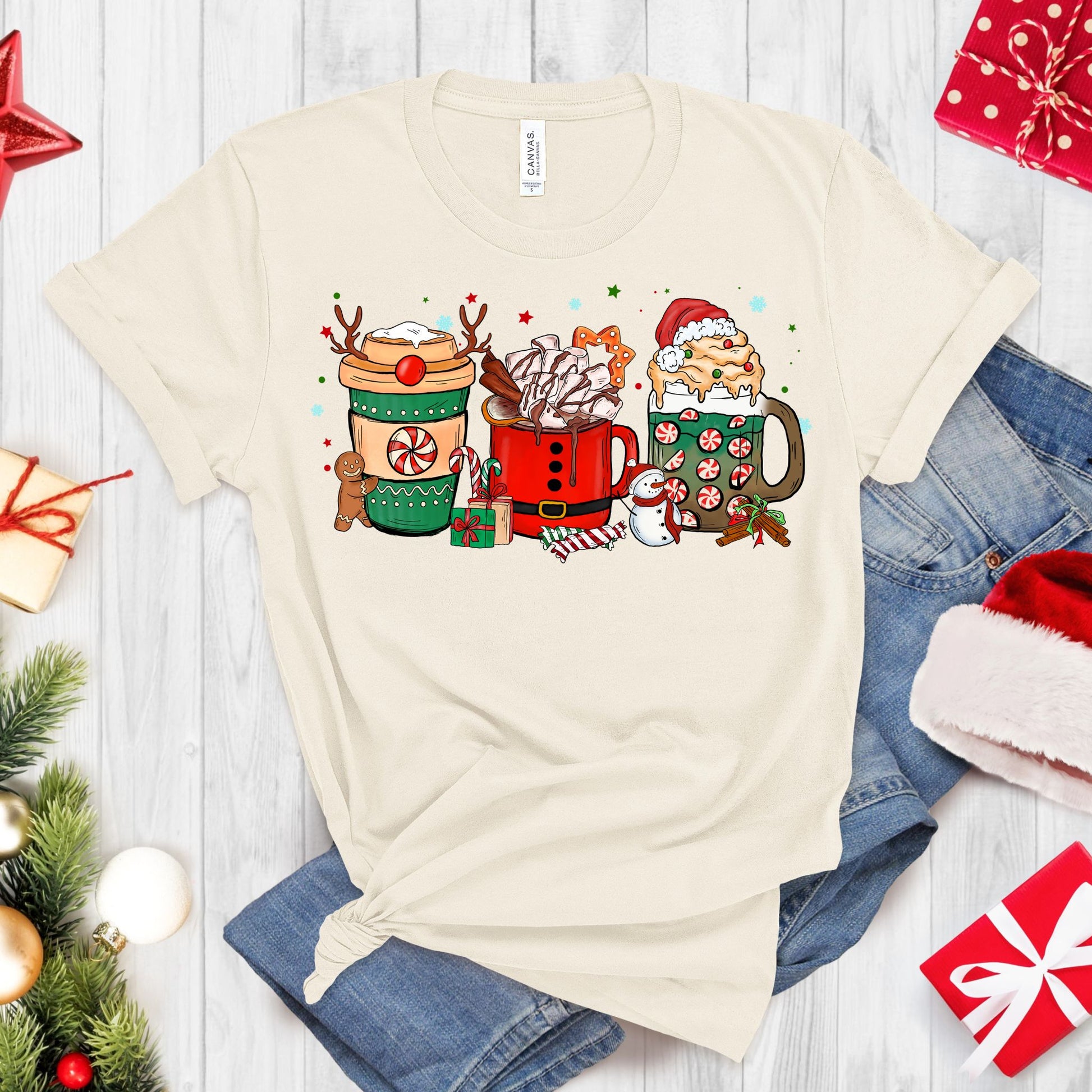 Reindeer, Santa and Peppermint Coffee Tee - MariROsa Craft Shop