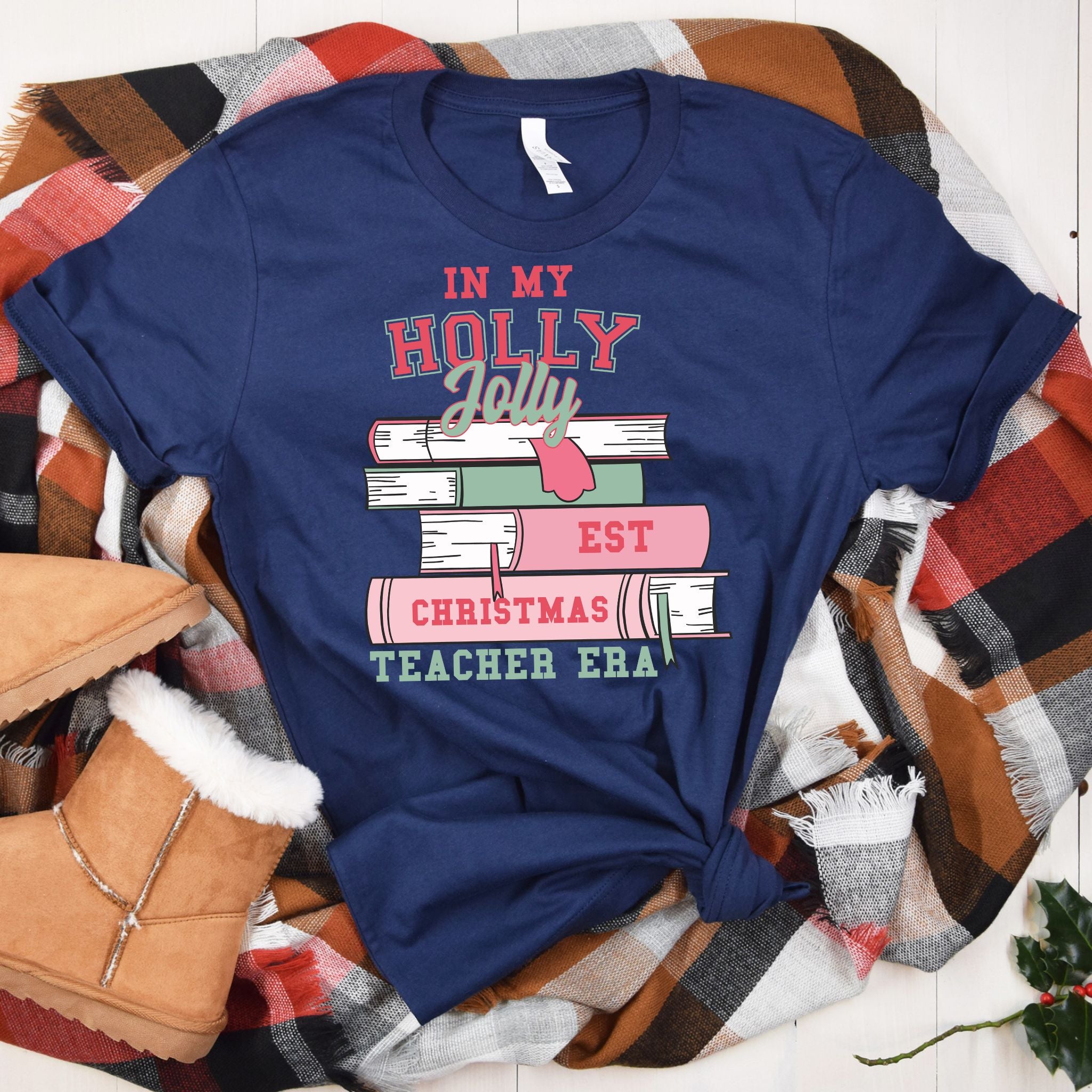 Holly Jolly EST Christmas Teacher Era Tee