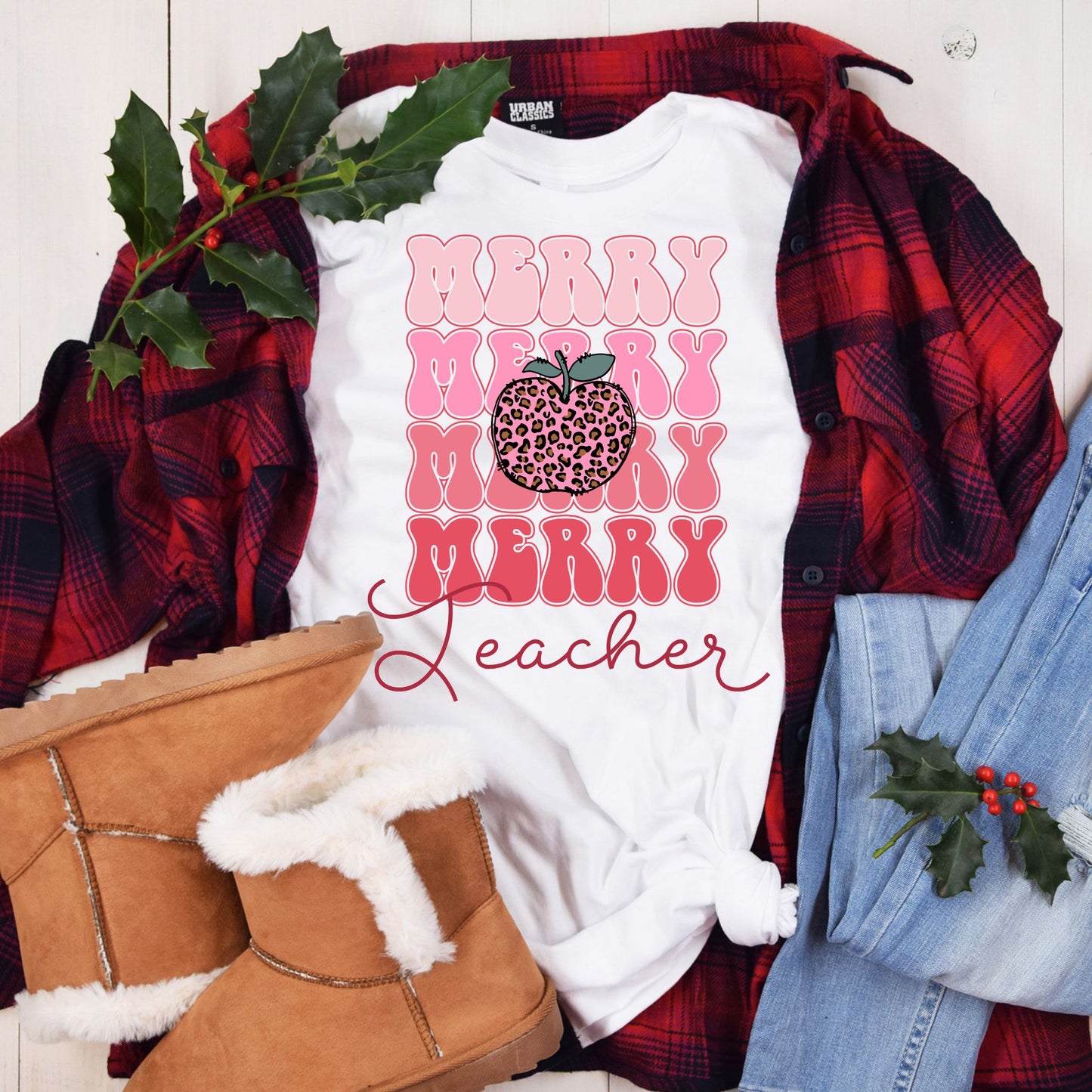Merry Merry Merry Teacher Leopard Print Tee - MariROsa Craft Shop