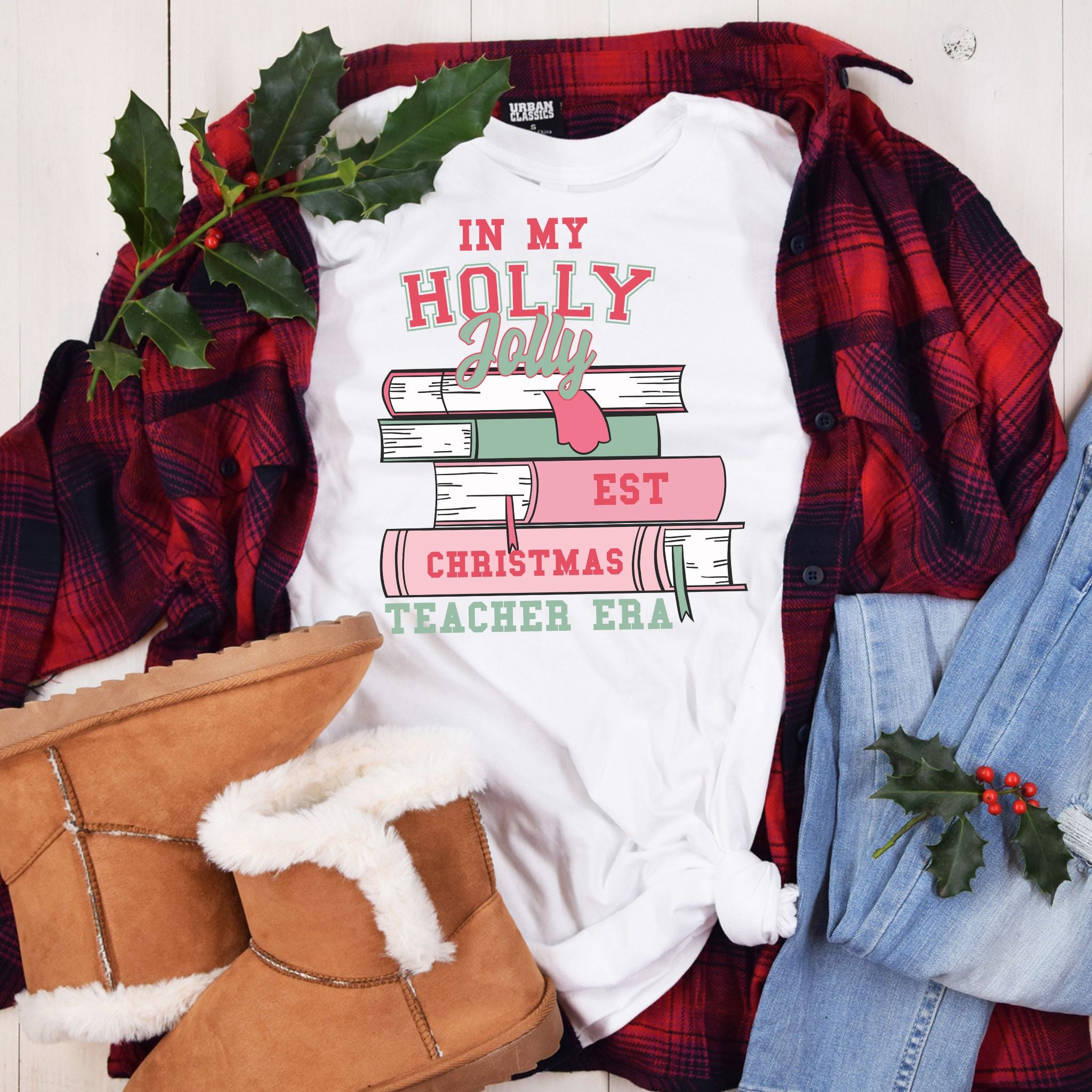 Holly Jolly EST Christmas Teacher Era Tee