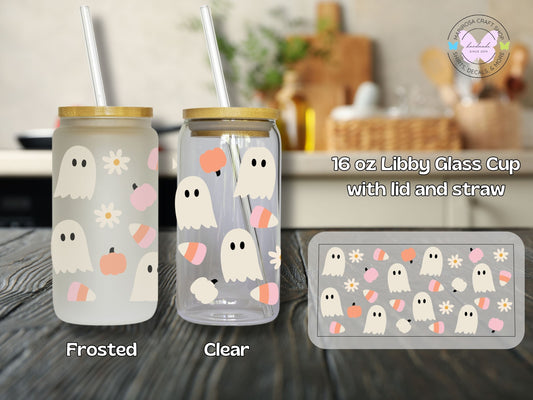 Cute Daisy Ghost with Pumpkins and Candy Corn Libby Glass - MariROsa Craft Shop