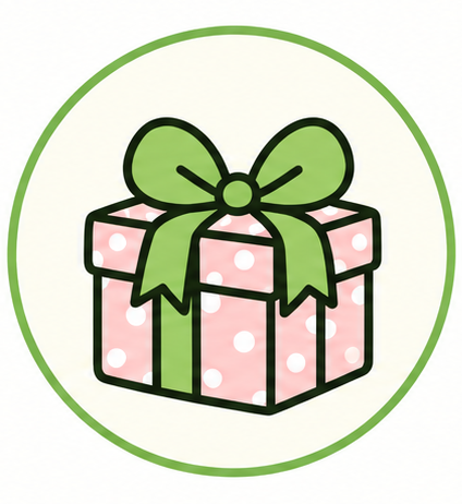 pink gift box with a green bow,