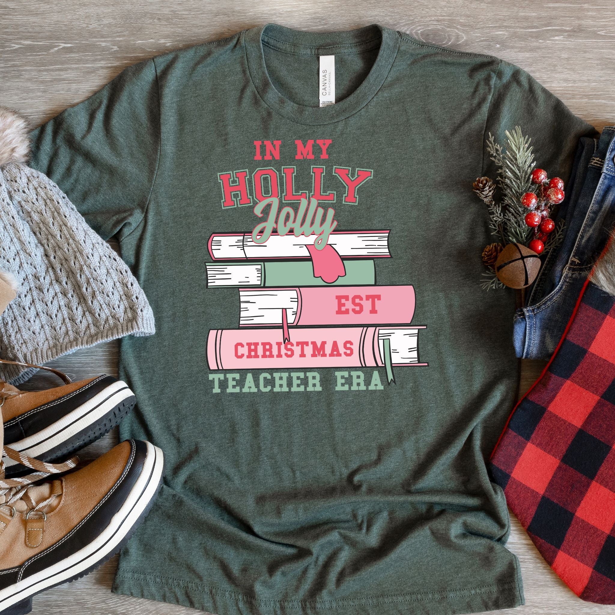 Holly Jolly EST Christmas Teacher Era Tee