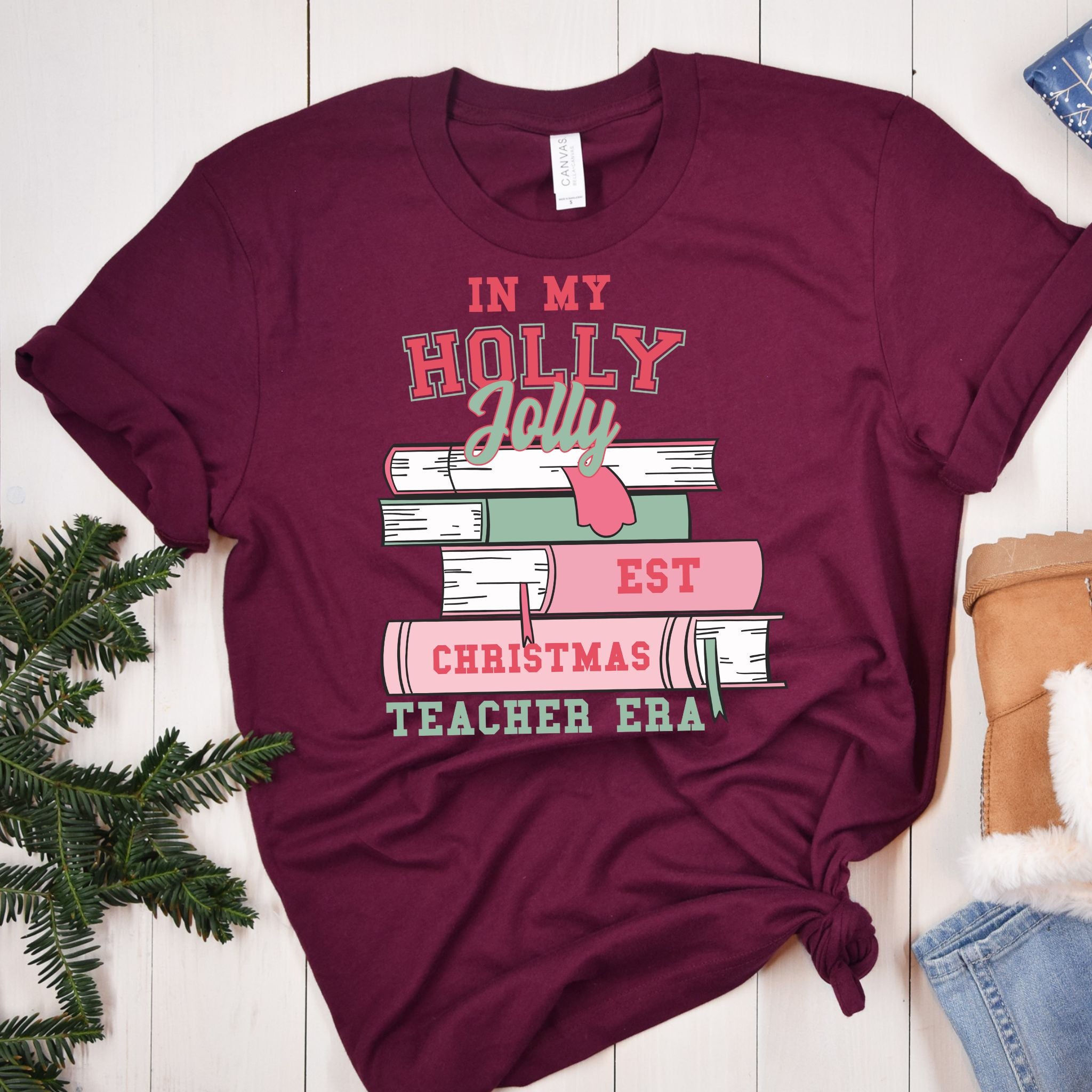 Holly Jolly EST Christmas Teacher Era Tee