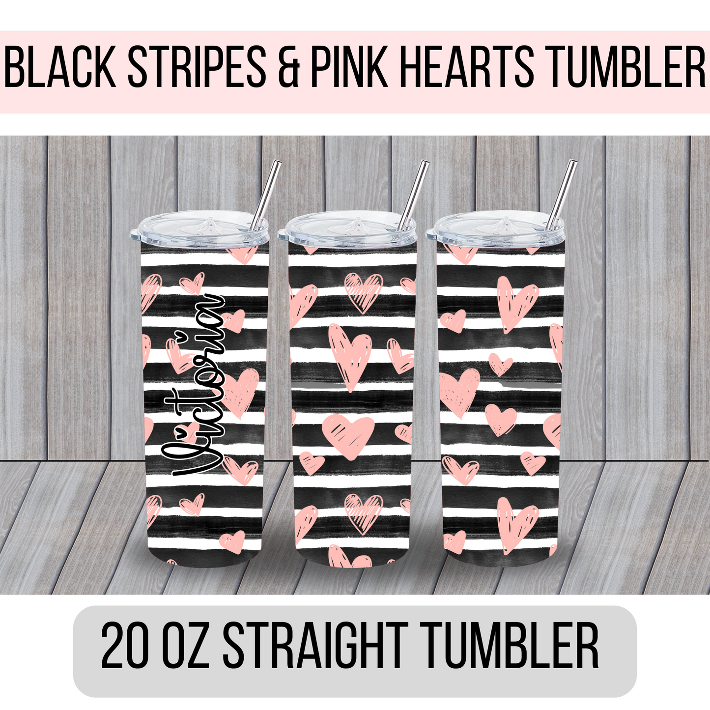 Black Stripes with Pink Hearts Tumbler - MariROsa Craft Shop